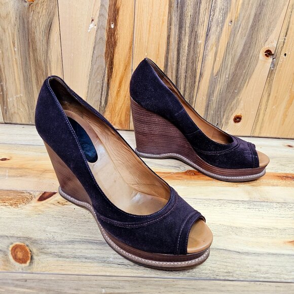 KORS Michael Kors Shoes - KORS by Michael Kors Newton Wedge Peep Toe Heels in Brown Suede Size 10